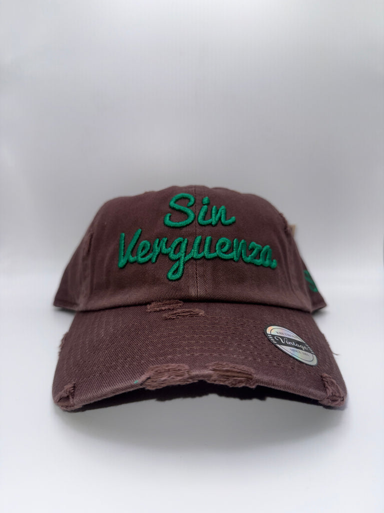 Sin Verguenza Brown Hat Green Letters