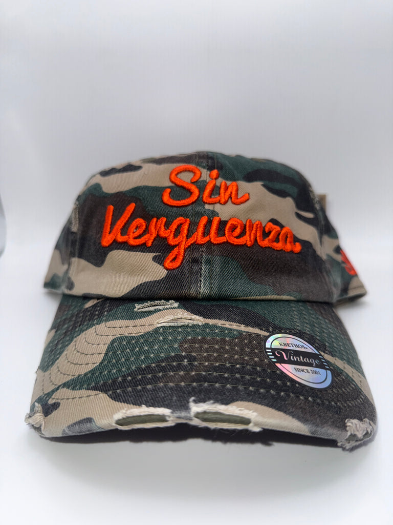 Sin Verguenza Camo Hat Orange Letters